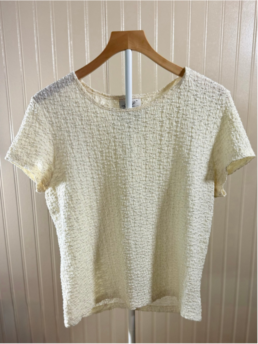 Vintage Kathie Lee Textured Popcorn Crinkle Top Cream XL Short Sleeve Stretch